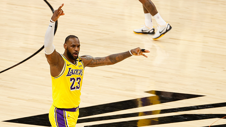 Los Angeles Lakers superstar LeBron James reacts to Las Vegas