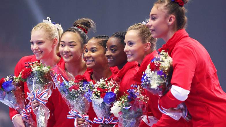 (L-R) Jade Carey, Sunisa Lee, Jordan Chiles, Simone Biles, Mykayla Skinner and Grace McCallum, the women that will represent Team USA