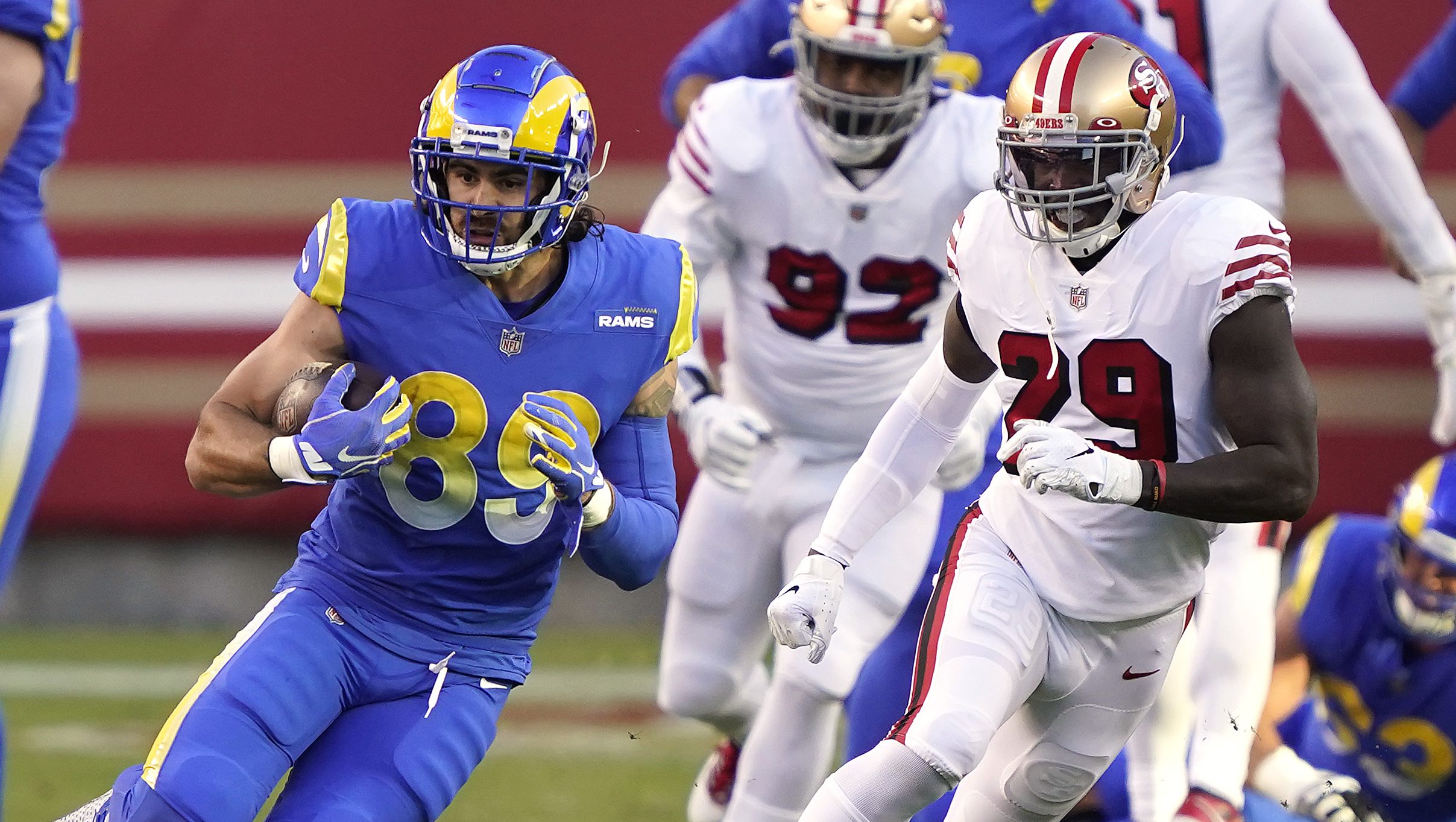 Los Angeles Rams tight end Brycen Hopkins makes a catch & breaks