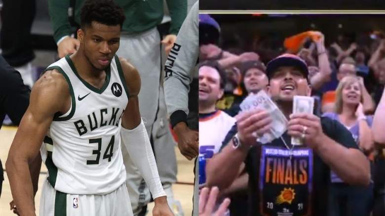 Giannis Antetokounmpo of the Mllwaukee Bucks, left, and the Suns fan who was counting 100s on national TV during Antetokounmpo's free-throw routine.