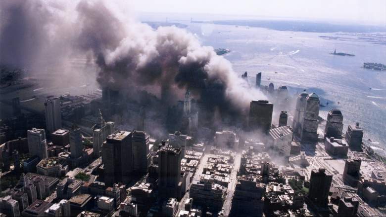 An aerial view of ground zero burning after the September 11 terrorist attacks.
