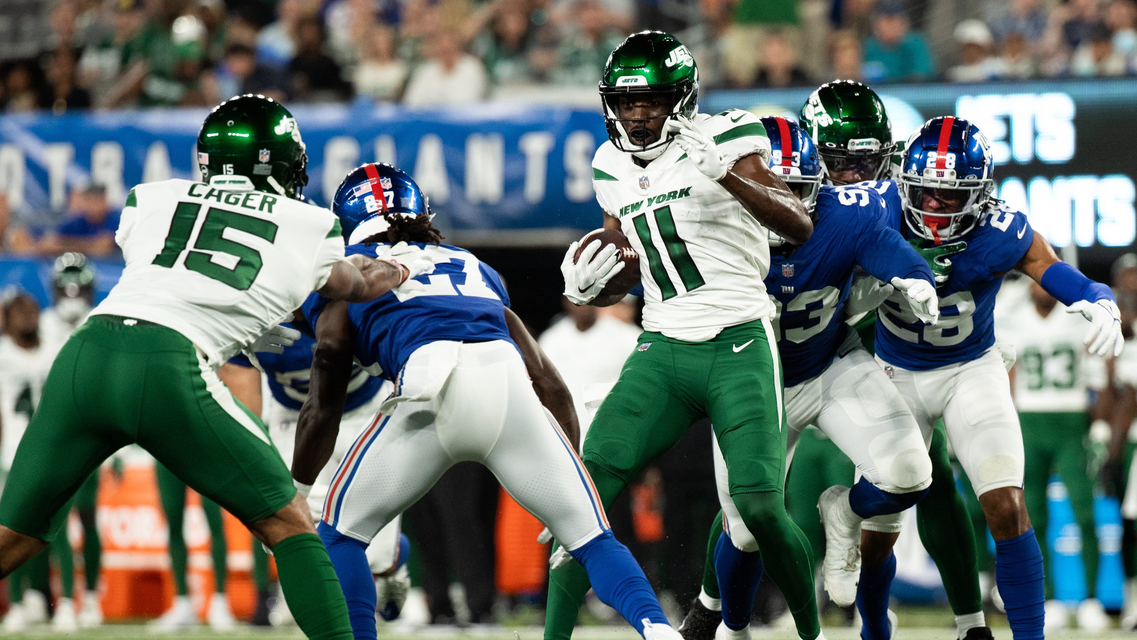 New York Jets wide receiver Denzel Mims (11) stands at the line of