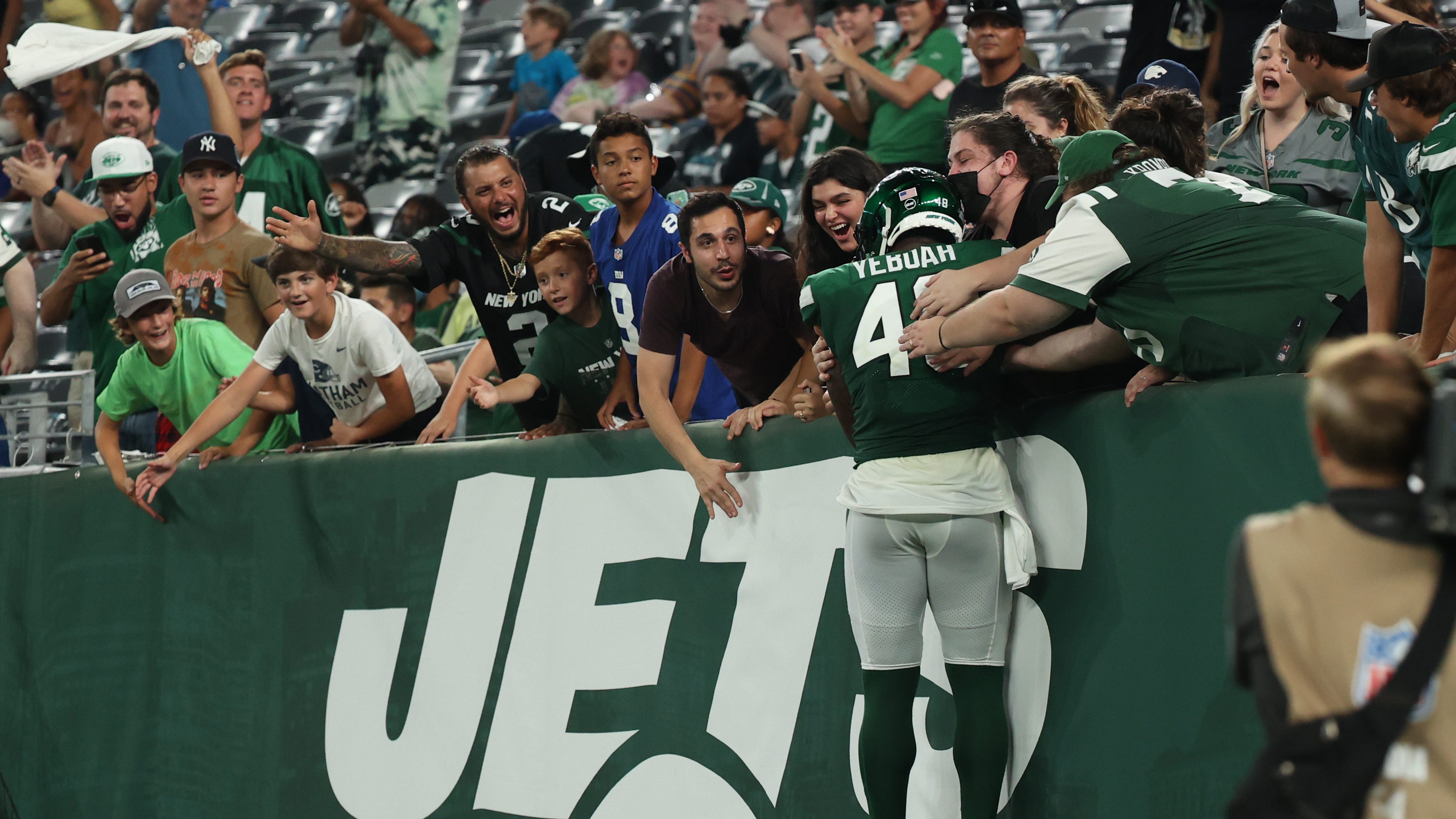 New York Jets tight end Kenny Yeboah (88) walks off of the field