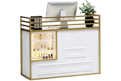 White Nordic desk with beauty product display case