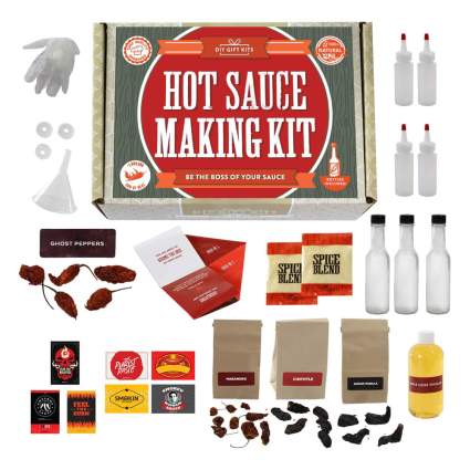 hot sauce making kit with ingredients and bottles