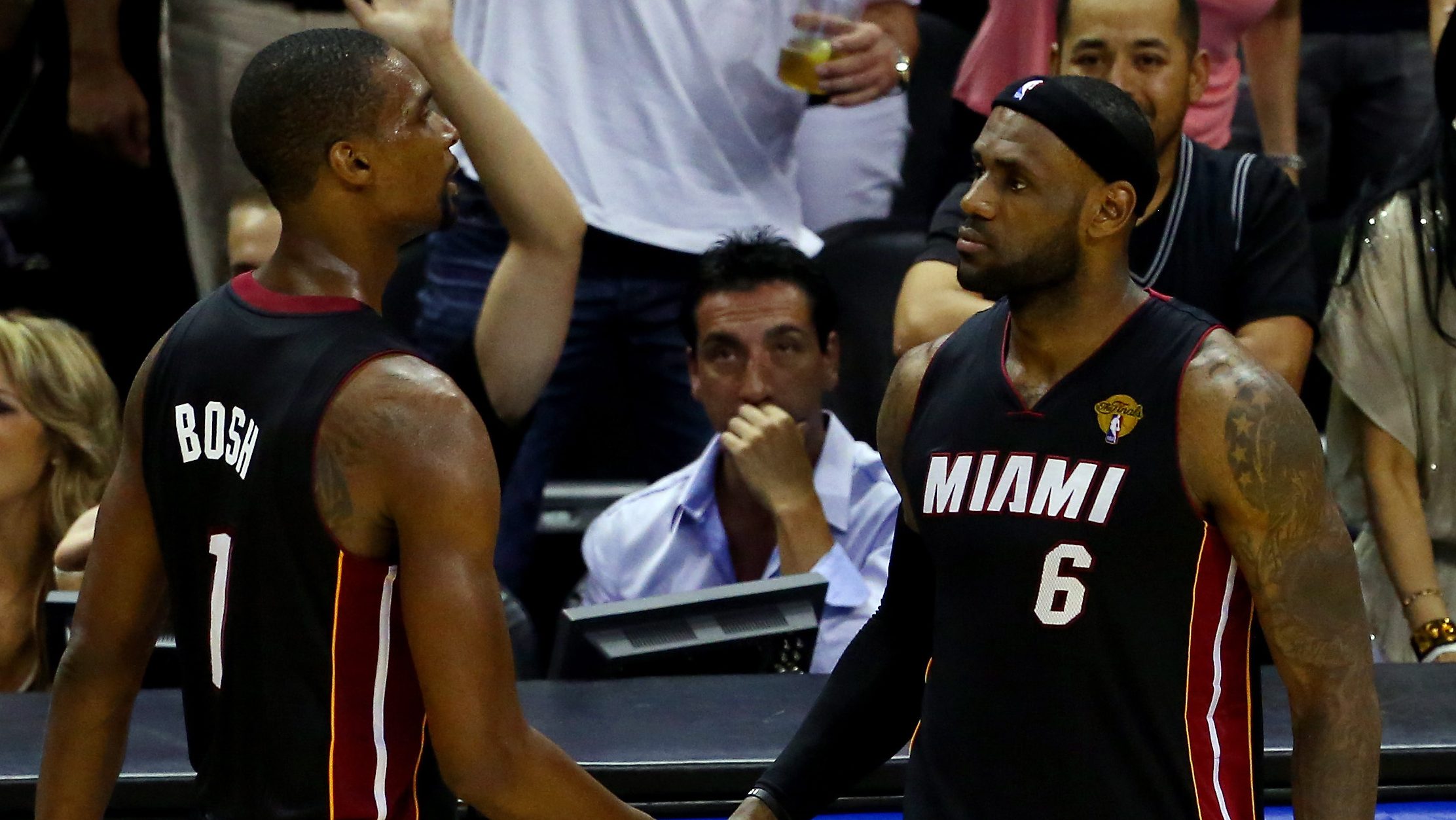 The retired jerseys of Shaquille O'Neal, Chris Bosh, and Dwyane Wade  News Photo - Getty Images