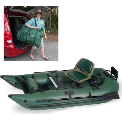 Green inflatable pontoon boat