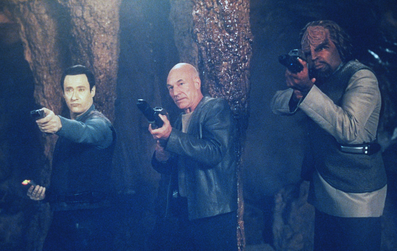Picard, Data, and Worf in "Star Trek: Insurrection"
