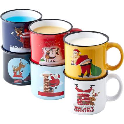 Six colorful Christmas mugs