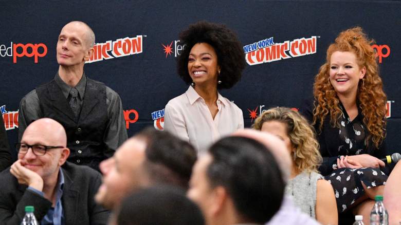 Doug Jones, Sonequa Martin-Green and Mary Wiseman speak onstage during the Star Trek: Discovery panel during 2017 New York Comic Con