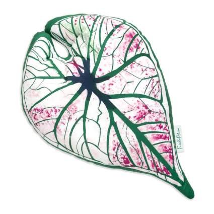 Pink white and green patterned leaf pillow