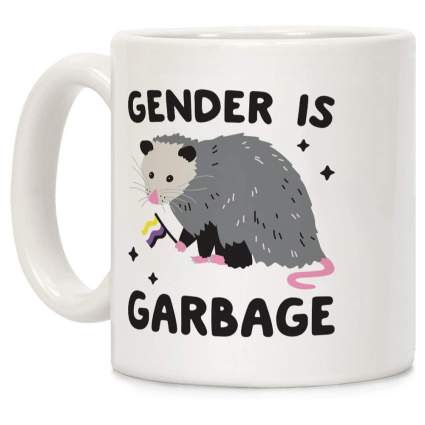 White mug with possum that says Gender Is Garbage