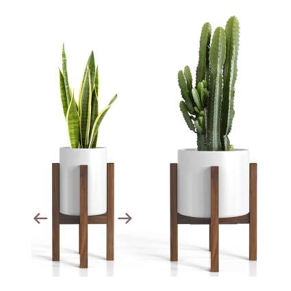 white planters with dark wood stands with green tall plants