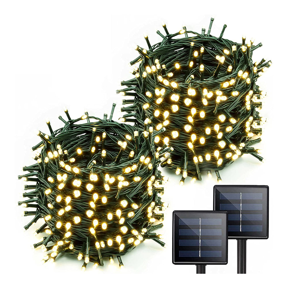 Upgraded Extra-Bright Solar Christmas Lights Outdoor Waterproof Green Wire 8 Lighting Modes Solar Xmas Tree Lights Super-Long 2-Pack 85FT 480 LED Solar String Lights Outdoor Warm White