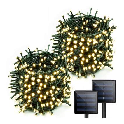 Green wire string lights with warm white lights