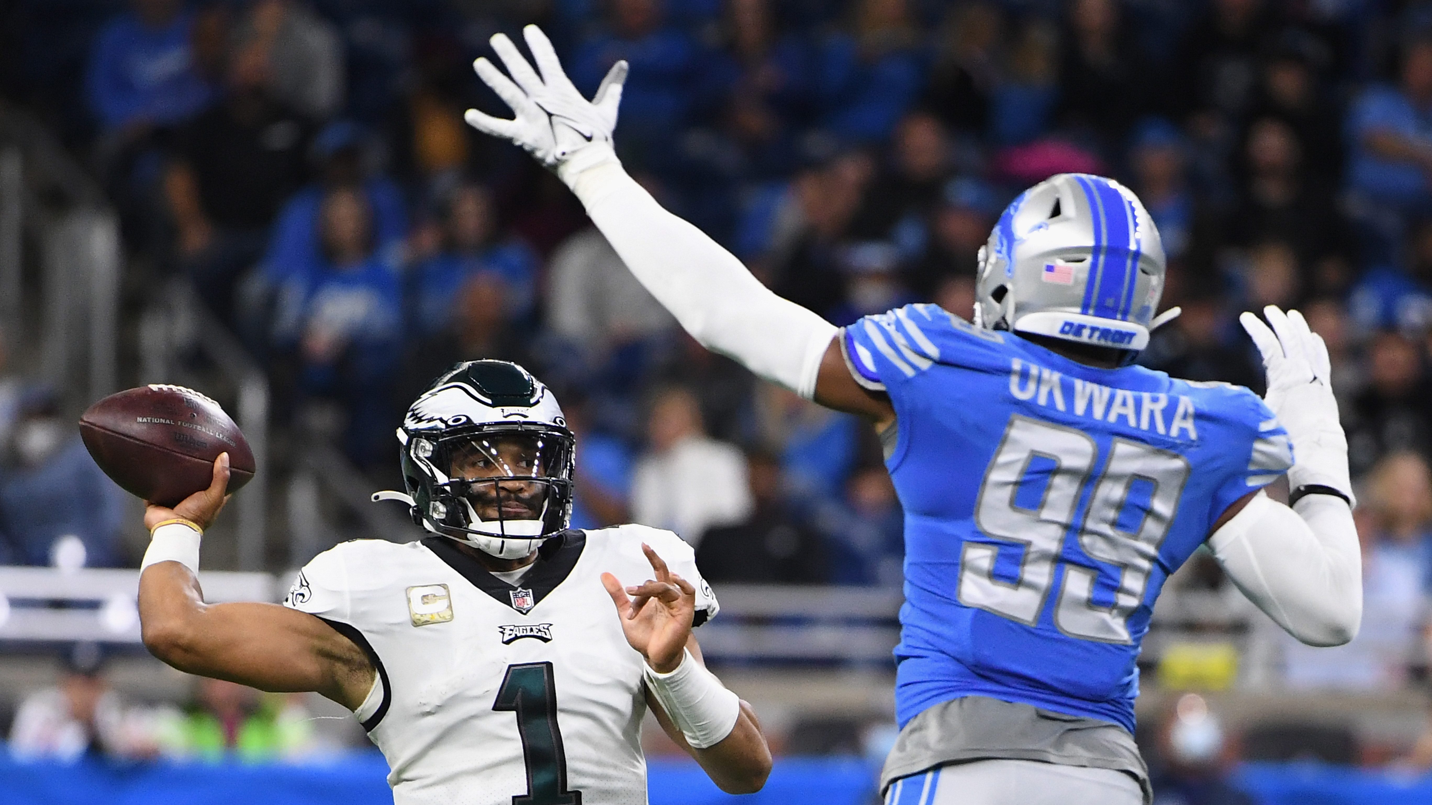 Detroit Lions linebacker Julian Okwara (99) pursues a play on defense  against the Jasksonville Jaguars during an NFL pre-season football game,  Saturday, Aug. 19, 2023, in Detroit. (AP Photo/Rick Osentoski Stock Photo 