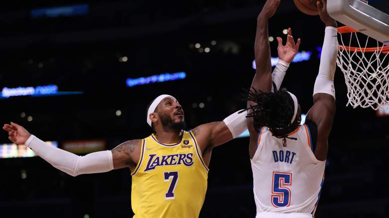 Carmelo Anthony, Lakers, at left, and Lu Dort of the Thunder