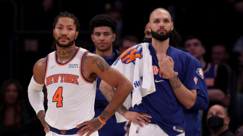 Evan Fournier, Knicks, at right, with Derrick Rose