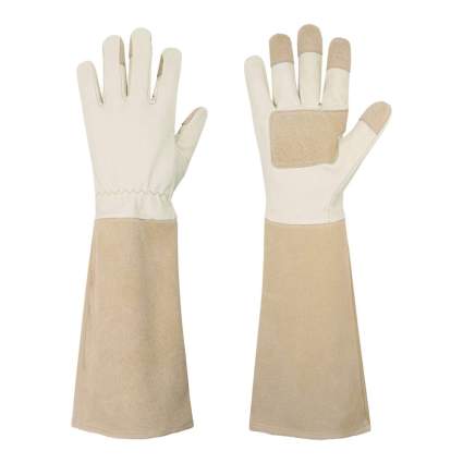 Tan and white gauntlet gloves for gardening