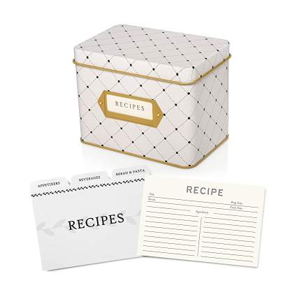 gold and black dots recipe box with blank cards