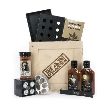 Man Crates Grill Master Crate with Wood Chips, Smoker Box, Sauce and Tenderizer