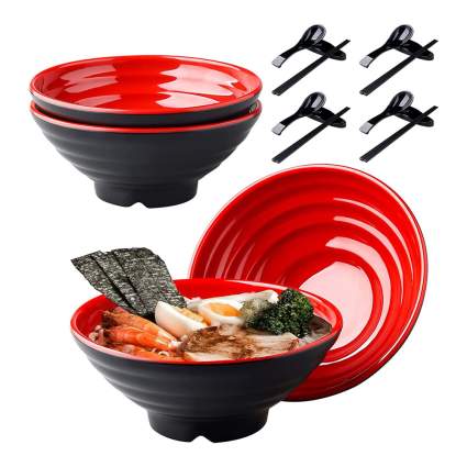 red and black ramen bowl set