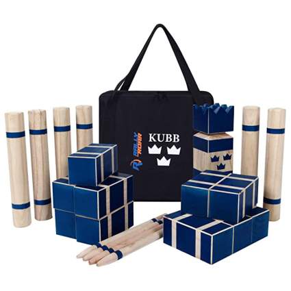 Blue and white wooden Kubb set