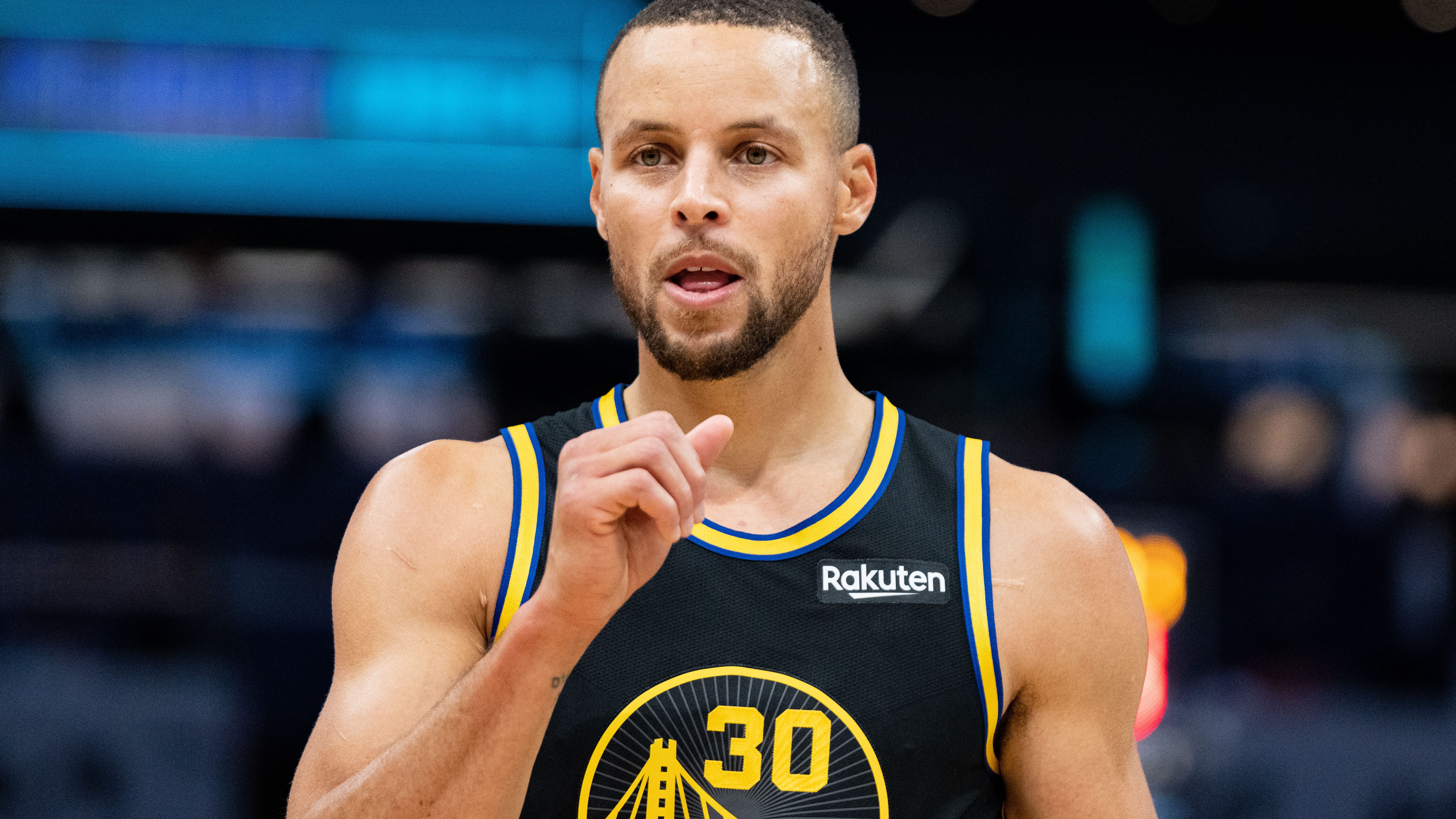 Stephen Curry of the Golden State Warriors reacts during the MTN