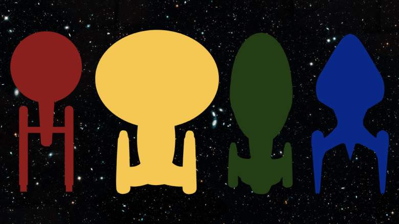 The shapes of the original Enterprise, the Enterprise-D, the Voyager, and the Protostar.