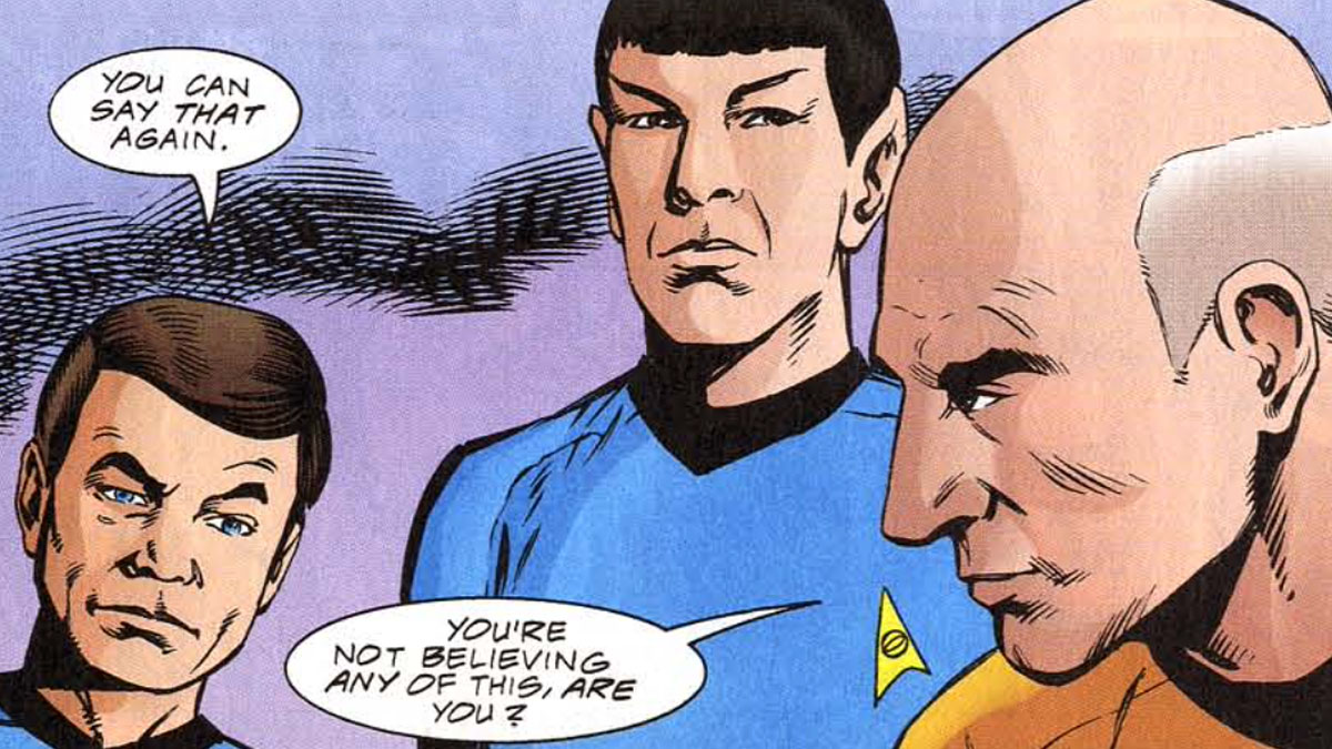 Dr. McCoy, Mr. Spock, and Captain Picard.
