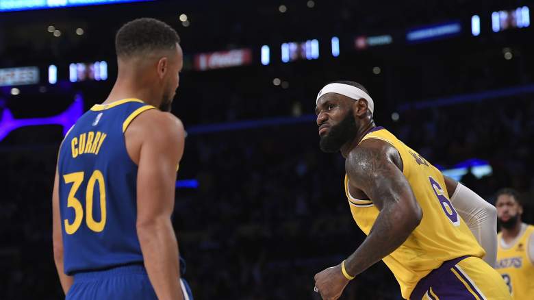 Lakers star LeBron James, left, and the Warriors' Stephen Curry
