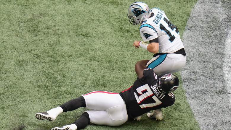 Atlanta Falcons defensive tackle Grady Jarrett (97) works during the first  half of an NFL football game against the Carolina Panthers, Sunday, Oct.  31, 2021, in Atlanta. The Carolina Panthers won 19-13. (