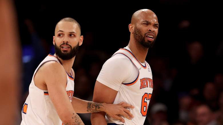 Evan Fournier, left, and Knicks big man Taj Gibson as Gibson was being ejected on Thursday