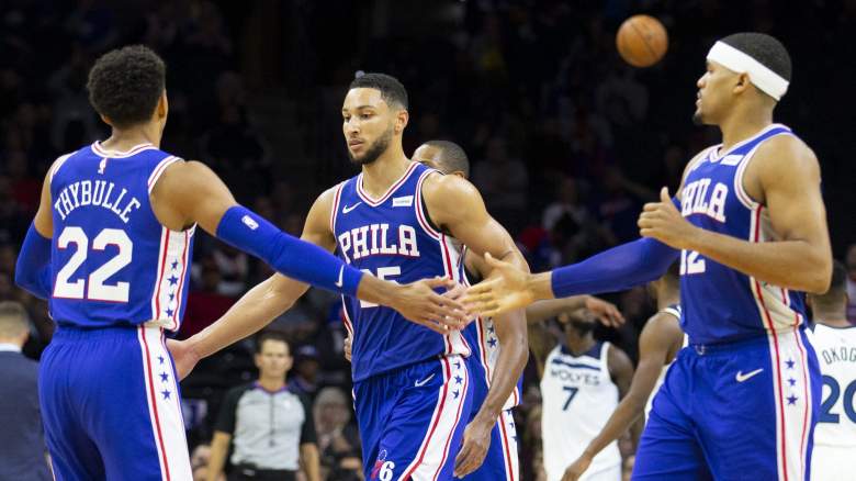 Matissue Thybulle, Ben Simmons and Tobias Harris of the Sixers