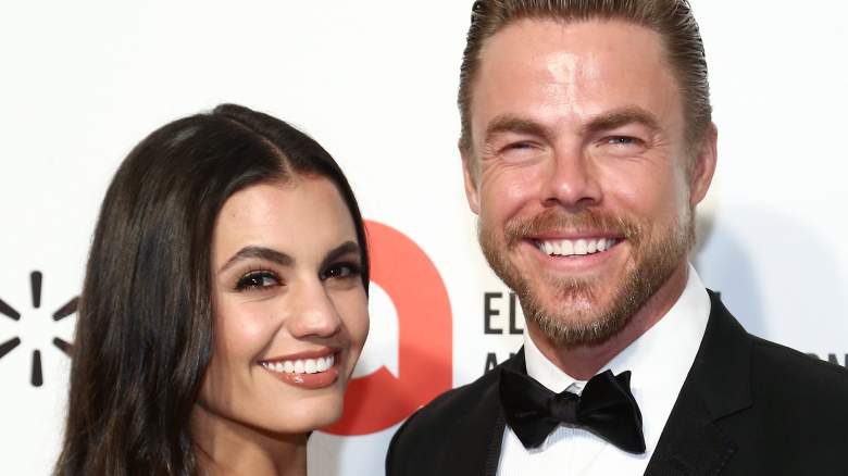 Hayley Erbert and Derek Hough walk the red carpet at the Elton John AIDS Foundation Academy Awards Viewing Party