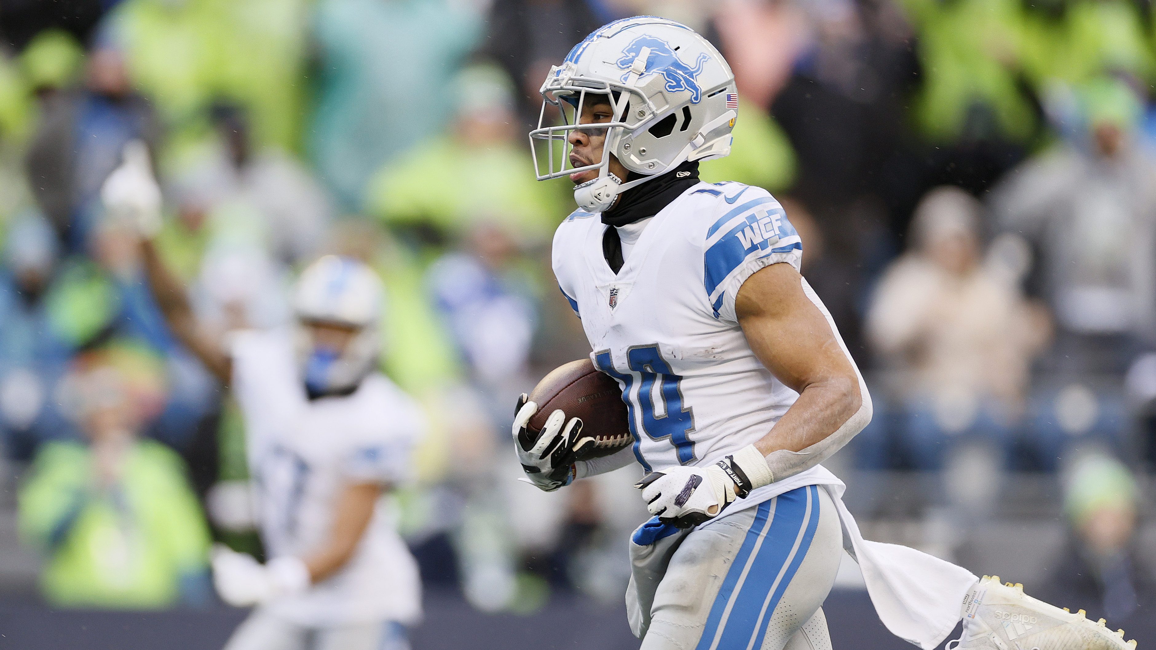 Detroit Lions wide receiver Amon-Ra St. Brown reacts after his 1-yard  reception for a touchdown during the first half of an NFL football game  against the Buffalo Bills, Thursday, Nov. 24, 2022