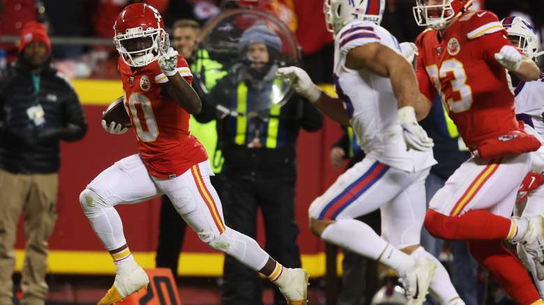 Kansas City Chiefs wide receiver Tyreek Hill (10) gets set on the line of  scrimmage during an NFL football game against the Buffalo Bills Sunday,  Oct. 10, 2021, in Kansas City, Mo. (