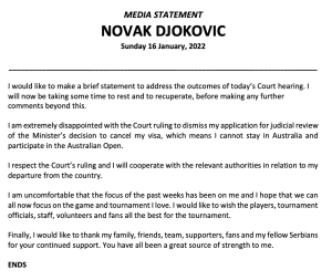 Djkovic statement