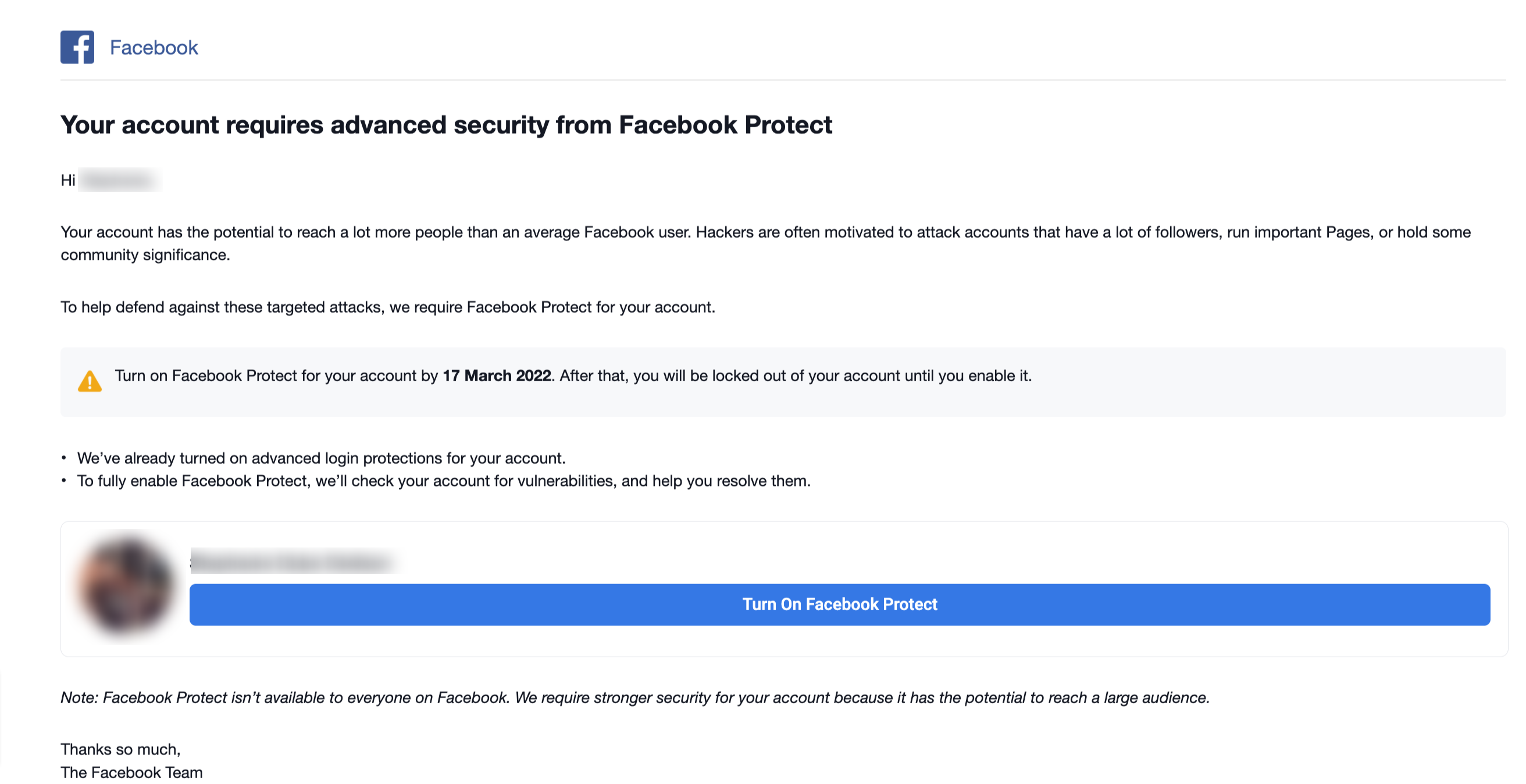 Facebook Protect email
