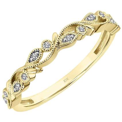 Gold and diamond floral leaf ring