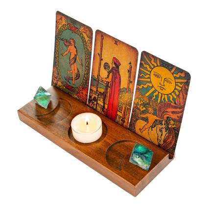 Wooden tarot card holder with crystals