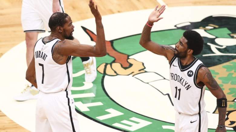 Kevin Durant and Kyrie Irving of the Brooklyn Nets facing off against the Boston Celtics