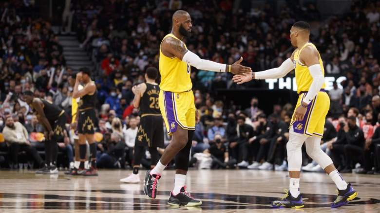 Lakers forward LeBron James shakes hands with Russell Westbrook
