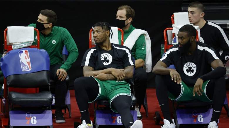 Marcus Smart, Jaylen Brown, and Payton Pritchard of the Boston Celtics