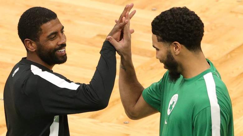 Kyrie Irving of the Brooklyn Nets and Jayson Tatum of the Boston Celtics