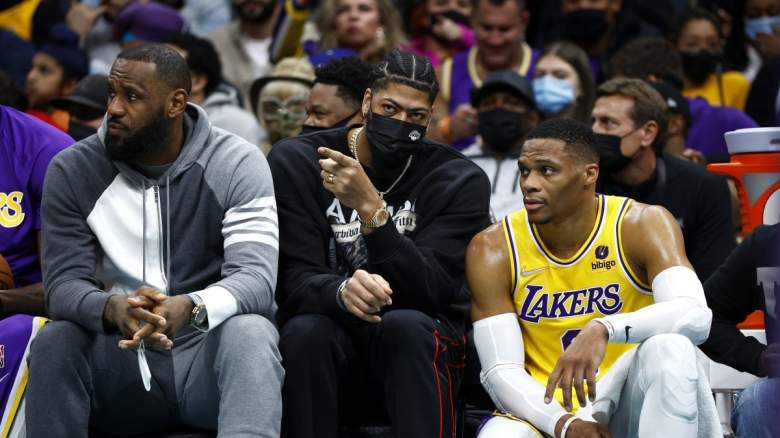 Lakers star LeBron James sits next to Anthony Davis and Russell Westbrook