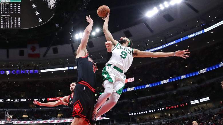 Derrick White of the Boston Celtics and Nikola Vucevic of the Chicago Bulls