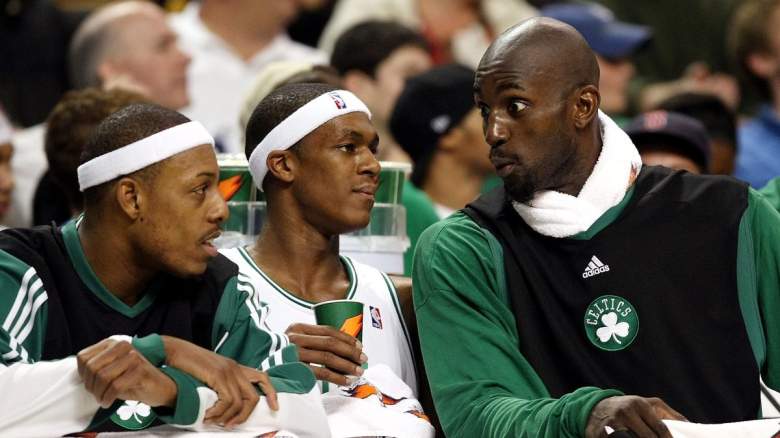Kevin Garnett, Paul Pierce, and Rajon Rondo of the Boston Celtics