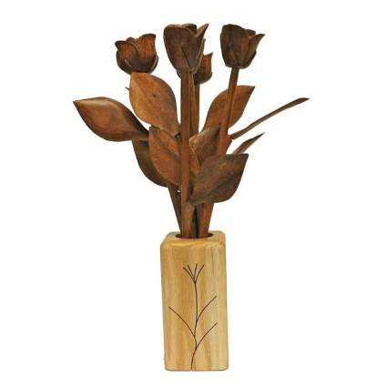 JustPaperRoses Hand Carved 5 Wood Roses in Vase