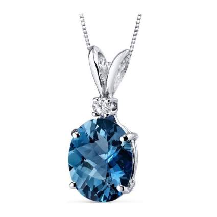 Peora London Blue Topaz with Genuine Diamond Pendant in 14K White Gold